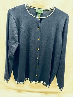 Lauren Ralph Lauren Womens Sz 3X Navy W White Button Up Cardigan W Gold Buttons